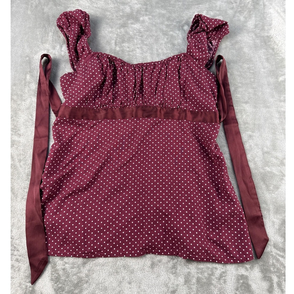 Hollister Blouse Womens Medium Babydoll Burgundy Polka Dot Satin Tie Back EUC